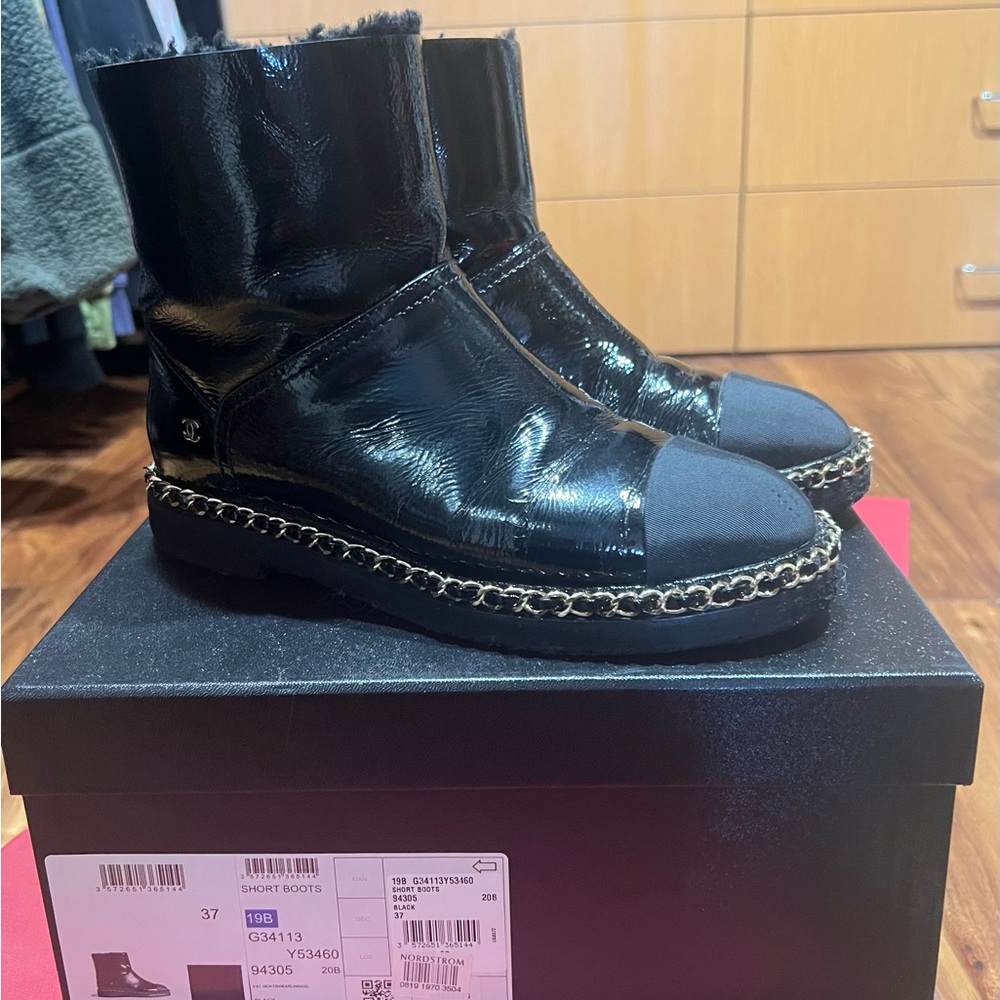 Chanel shearling lined chain boots size 37